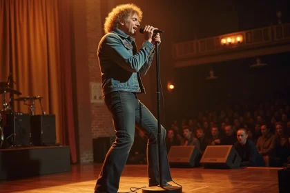 Chanteur rock anglais des années 70 sur scène avec micro vintage et veste en jean brodée dans une salle de concert intimiste