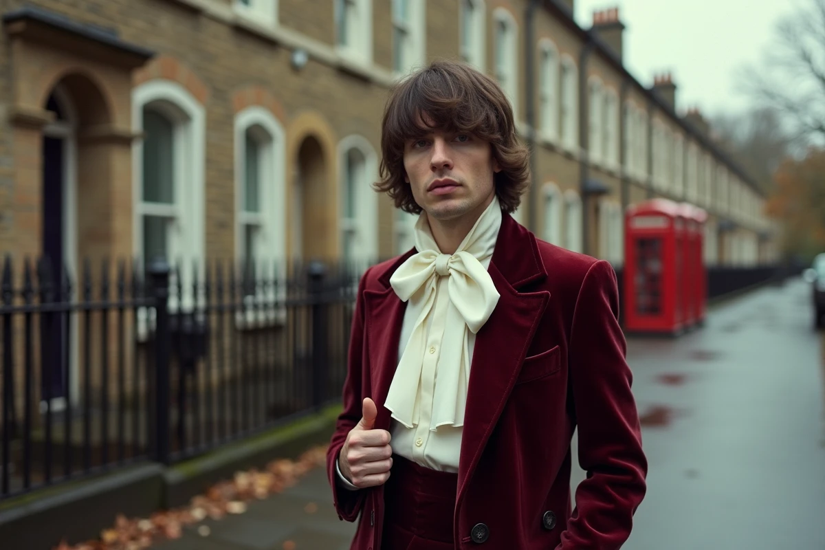 Chanteur rock britannique des années 70 devant une maison anglaise typique tenant un disque vinyle en automne