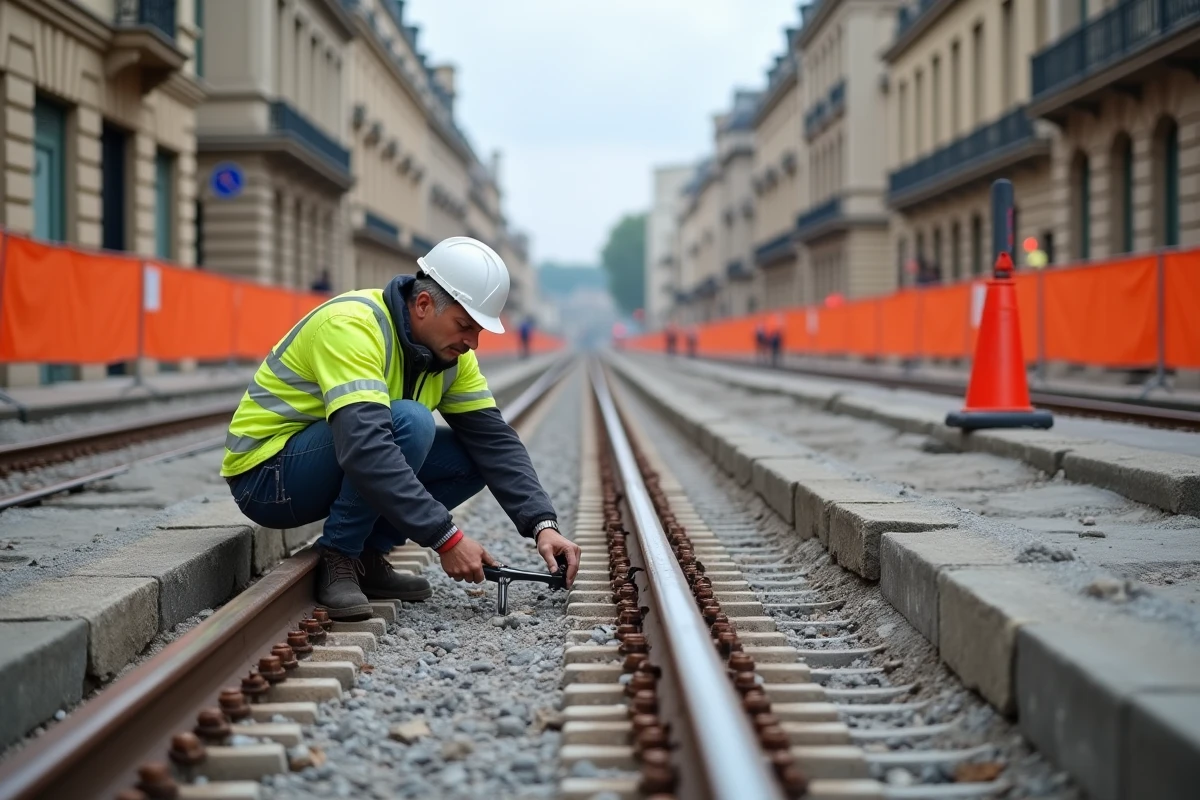 Chantier de construction d'une extension de ligne de tramway à Bordeaux avec pose de rails en 2026