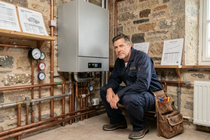Chauffagiste professionnel intervenant sur une chaudière murale moderne dans une maison normande du Calvados