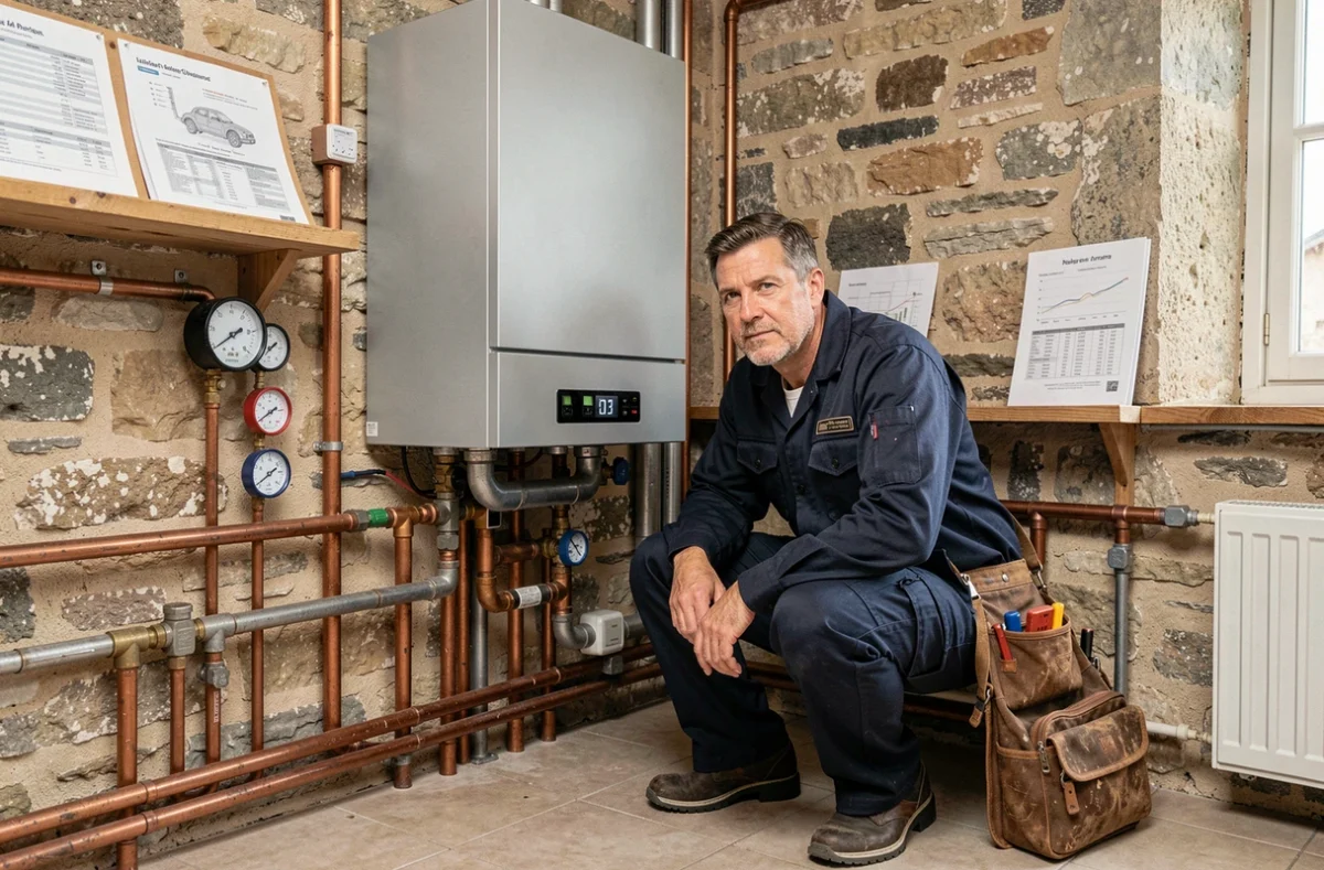 Chauffagiste professionnel intervenant sur une chaudière murale moderne dans une maison normande du Calvados