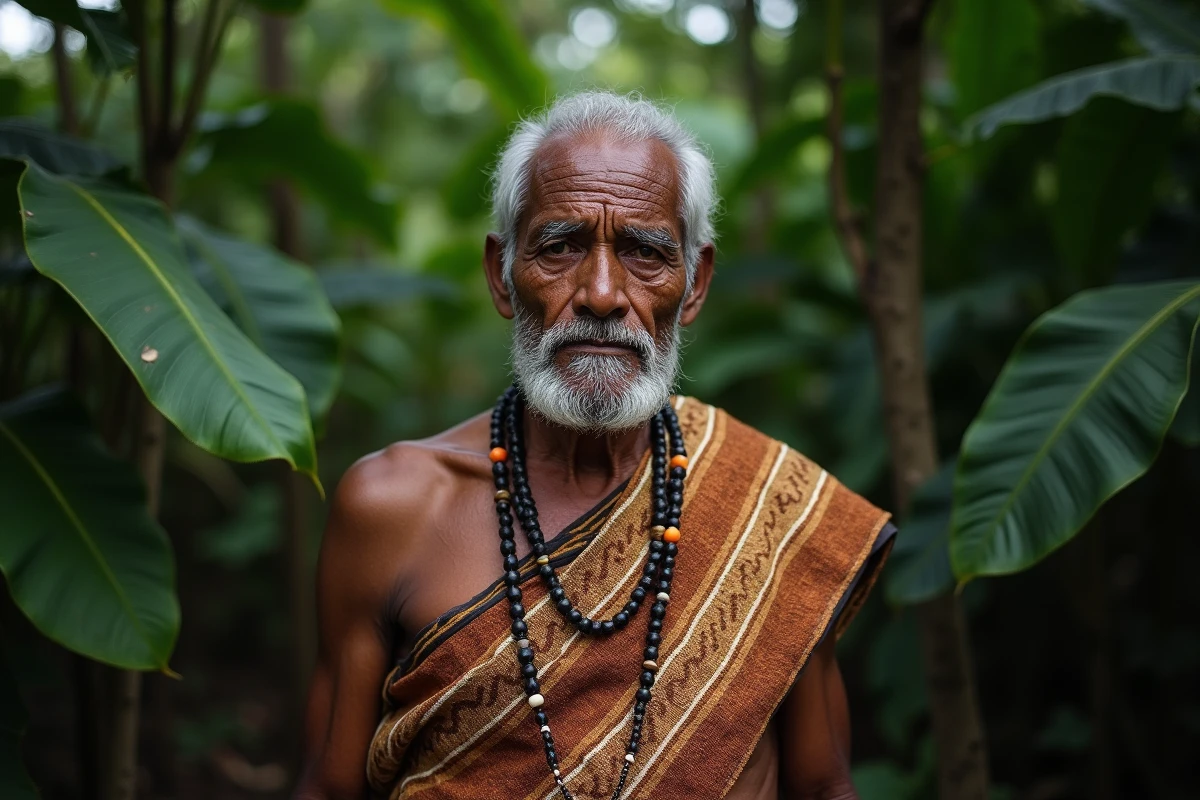 Portrait d'un chef kanak en tenue traditionnelle face à la forêt tropicale de Nouvelle-Calédonie, évoquant la résistance et la dignité indigène