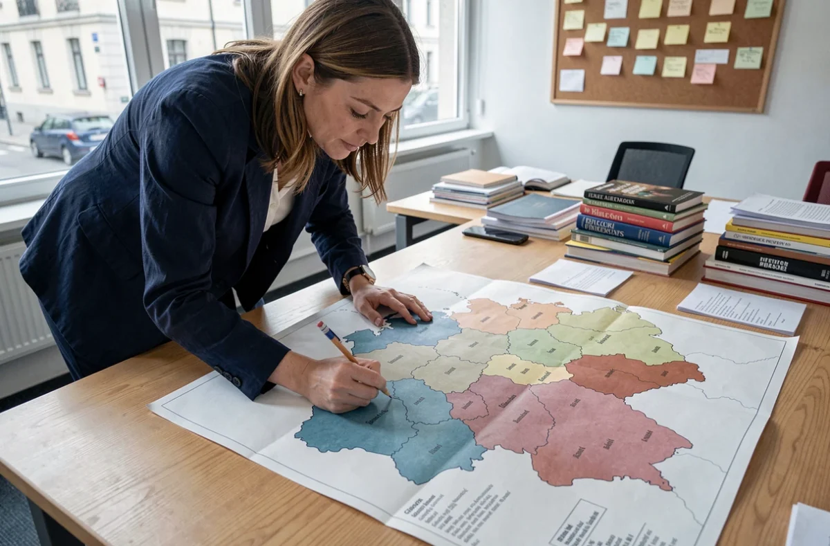 Chercheuse étudiant une carte politique des seize Länder de l'Allemagne moderne