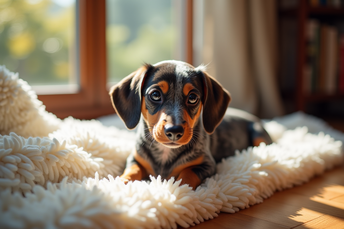 Chiot teckel merle au repos sur couverture beige