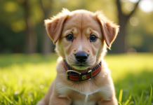 Jeune chiot joueur avec collier A dans un parc ensoleille