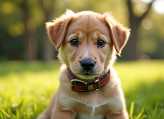 Prénoms de chien mâle originaux commençant par A : idées et inspirations Jeune chiot joueur avec collier A dans un parc ensoleille