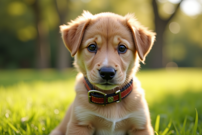 Jeune chiot joueur avec collier A dans un parc ensoleille