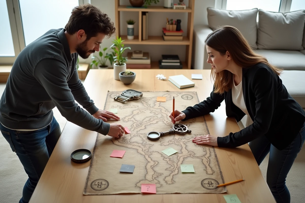 Vue du dessus de deux personnes analysant une carte de donjon et une clé ornementée pour Hollow Knight Silksong
