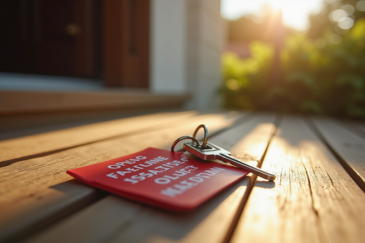 Clé avec avis de saisie sur une porte de maison