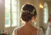Invité de mariage avec coiffure tresse et accents floraux