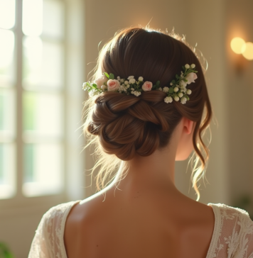 Invité de mariage avec coiffure tresse et accents floraux