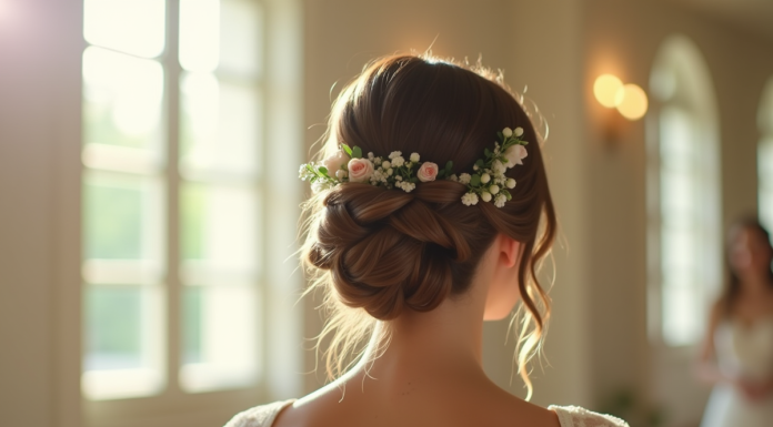 Invité de mariage avec coiffure tresse et accents floraux
