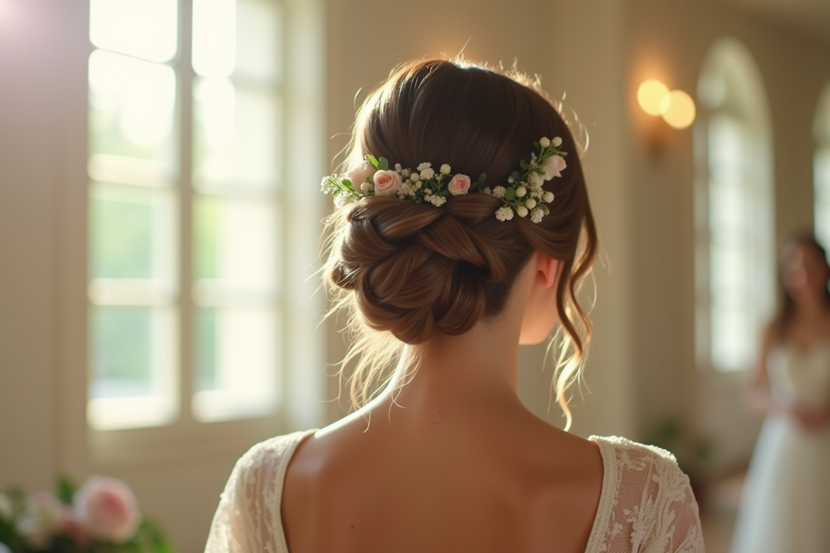Invité de mariage avec coiffure tresse et accents floraux
