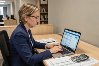 Comptable professionnelle utilisant un convertisseur kg tonne sur ordinateur portable dans un bureau moderne