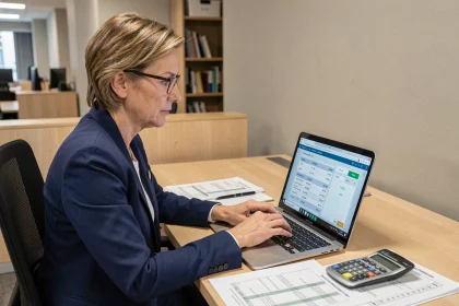 Comptable professionnelle utilisant un convertisseur kg tonne sur ordinateur portable dans un bureau moderne