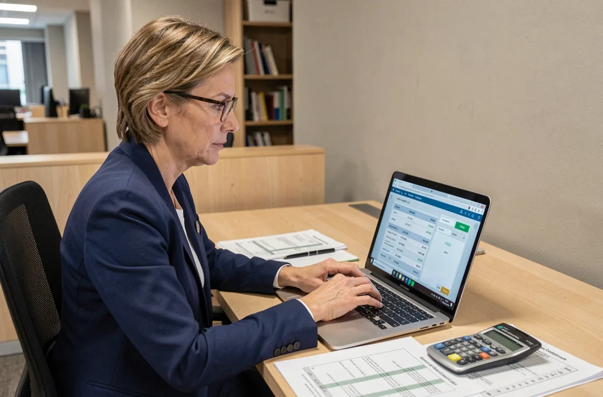 Comptable professionnelle utilisant un convertisseur kg tonne sur ordinateur portable dans un bureau moderne