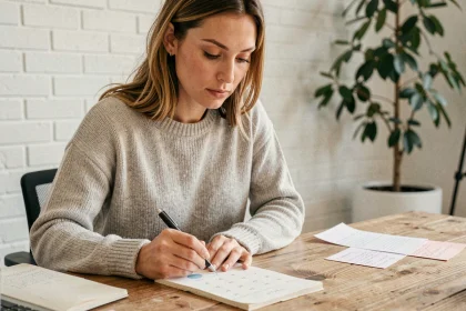 Femme comptant les jours sur un calendrier papier avec un stylo dans un bureau à domicile moderne