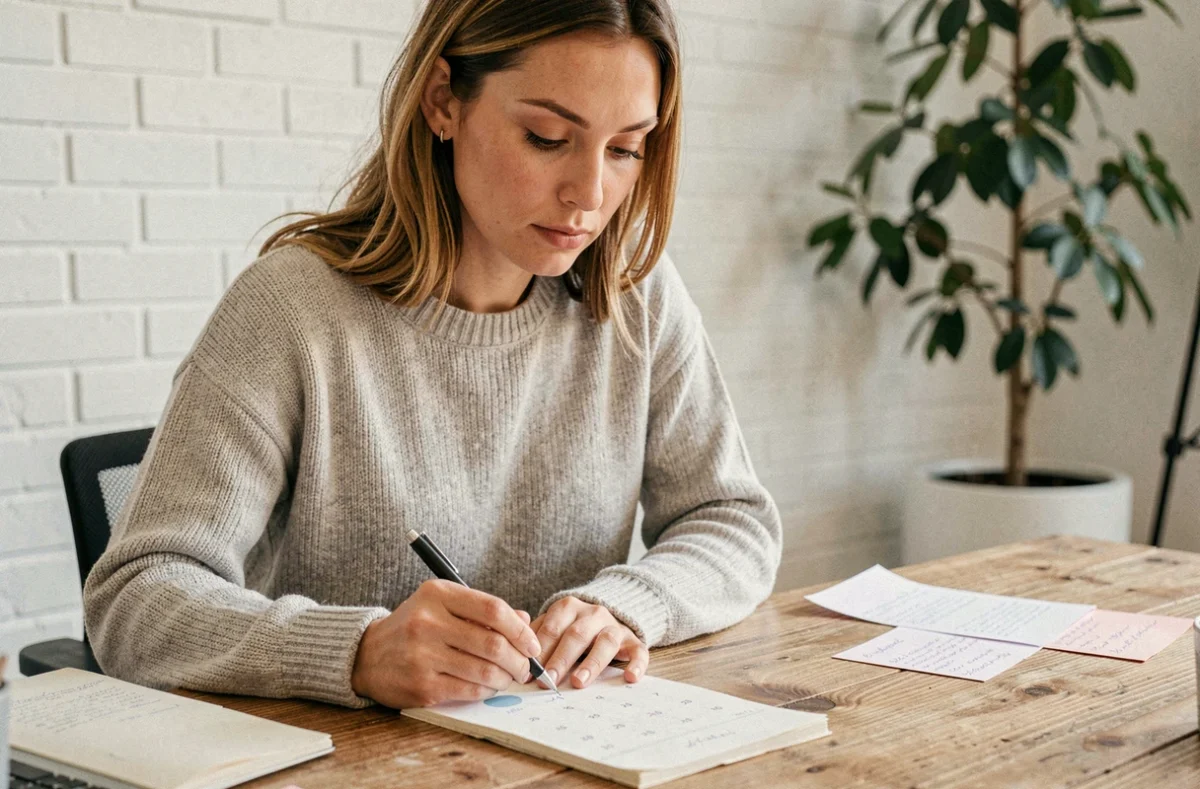 Femme comptant les jours sur un calendrier papier avec un stylo dans un bureau à domicile moderne