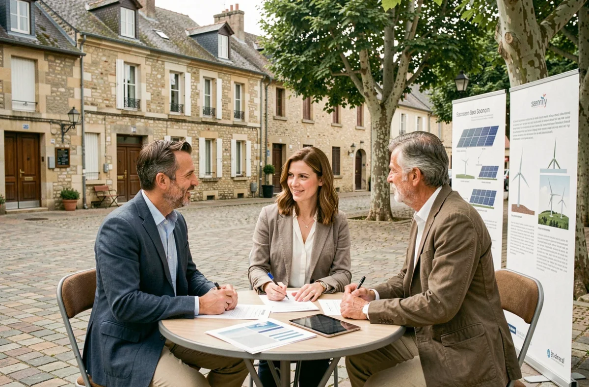 Réunion de concertation citoyenne sur la transition énergétique locale dans une place de village en France