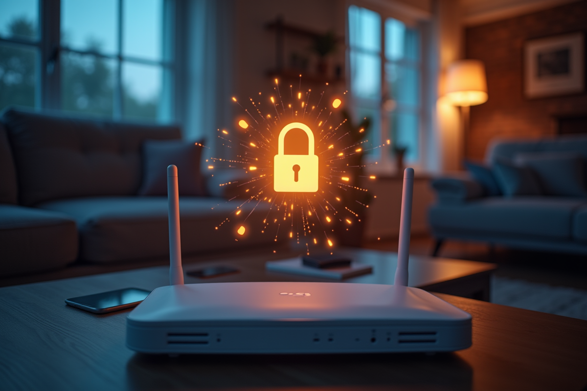Salon familial avec routeur WiFi et symbole de securite