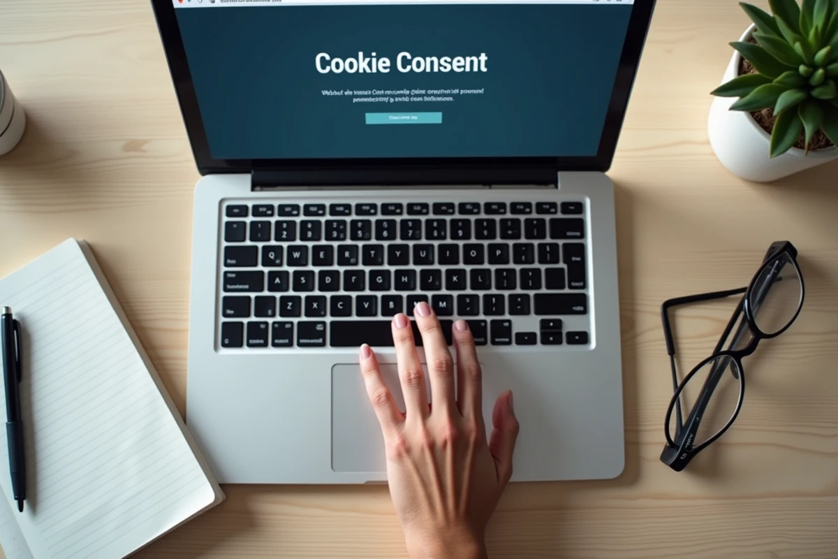 Gros plan d'une main hésitant sur un bandeau de consentement aux cookies sur un ordinateur portable, symbolisant les enjeux de protection des données personnelles