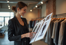 Consultante mode femme en studio moderne avec planches tendance
