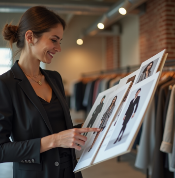 Spécialiste de la mode : rôle et compétences à connaître pour réussir ! Consultante mode femme en studio moderne avec planches tendance