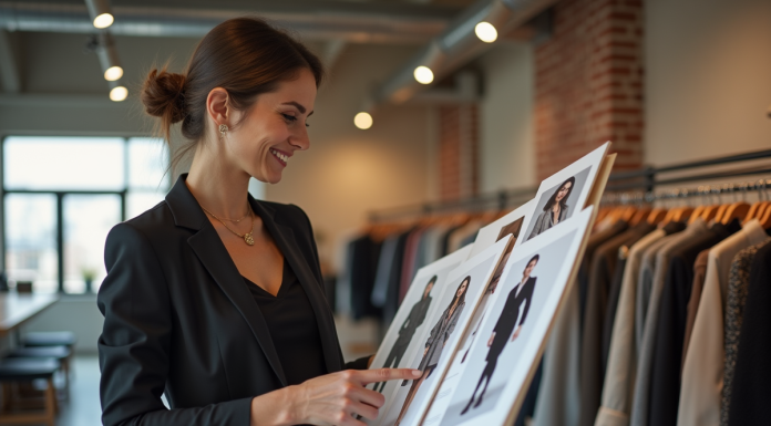Consultante mode femme en studio moderne avec planches tendance