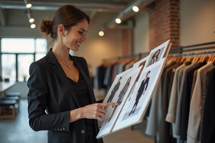 Consultante mode femme en studio moderne avec planches tendance