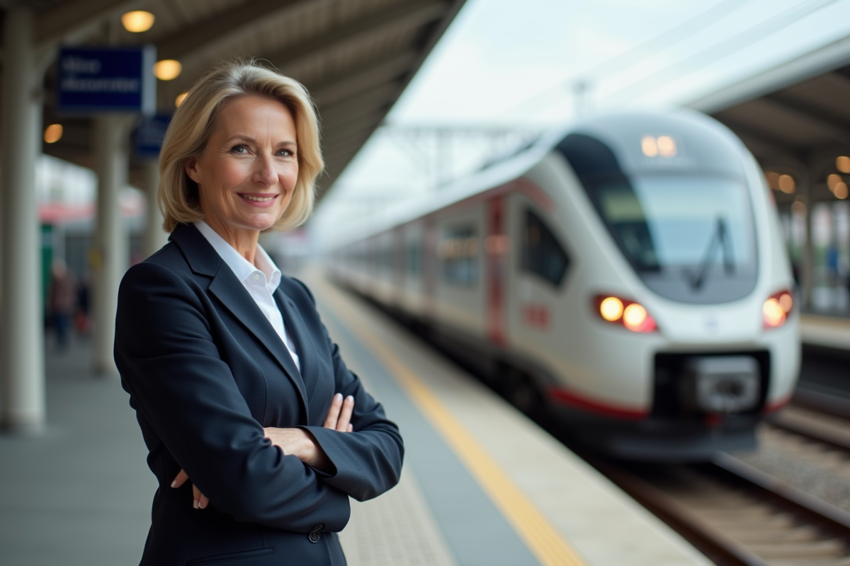 Contrôleuse de train TGV sur la plateforme en extérieur