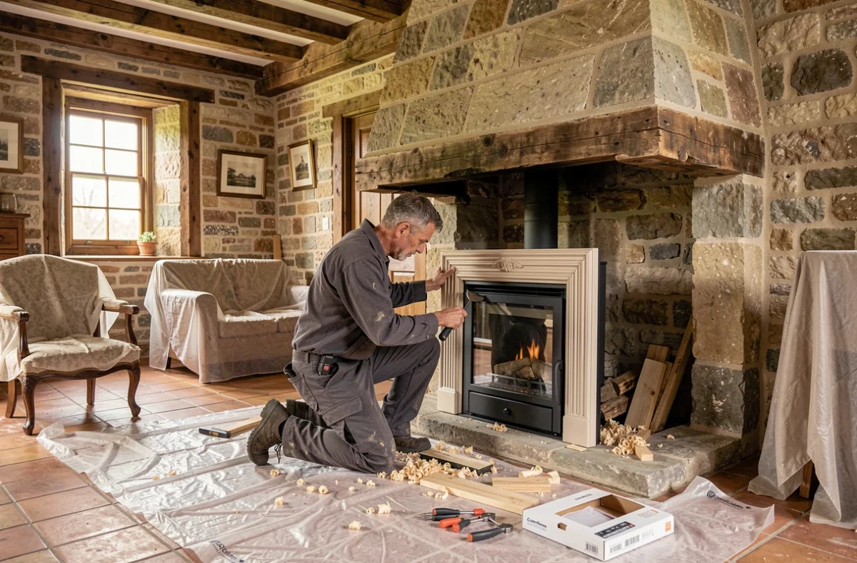 Spécialiste Conviflamme installant un insert bois contemporain dans une cheminée en pierre d'une maison normande traditionnelle