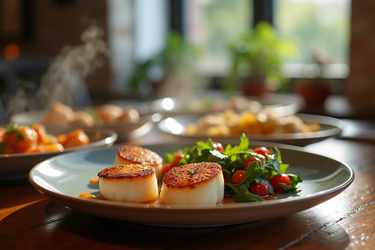 Coquilles Saint-Jacques servies avec légumes sur table en bois