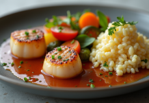 Assiette de coquilles Saint-Jacques avec légumes colorés