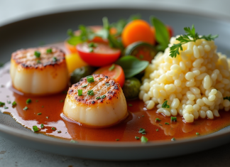 Cuisiner des accompagnements savoureux pour des saint-jacques poêlées : nos recettes favorites Assiette de coquilles Saint-Jacques avec légumes colorés