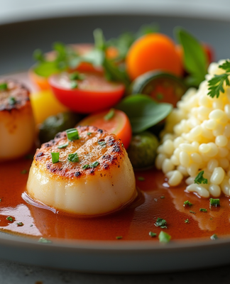 Assiette de coquilles Saint-Jacques avec légumes colorés
