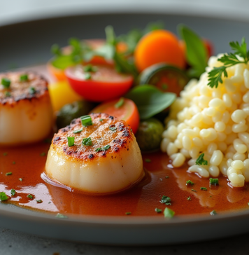 Assiette de coquilles Saint-Jacques avec légumes colorés