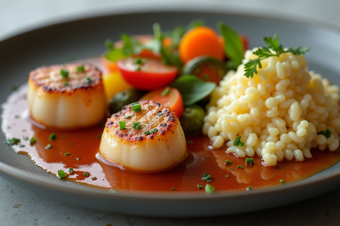 coquilles-st-jacques-gourmet-assiette Assiette de coquilles Saint-Jacques avec légumes colorés