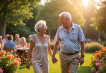 Couple âgé riant lors d'une fête dans un jardin