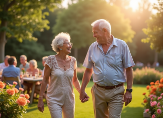 Idées pour une célébration unique de vos 60 ans d’union Couple âgé riant lors d'une fête dans un jardin