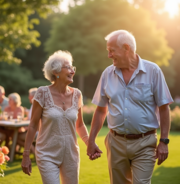 Idées pour une célébration unique de vos 60 ans d’union Couple âgé riant lors d'une fête dans un jardin