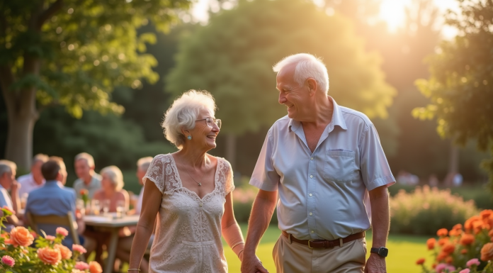 Couple âgé riant lors d'une fête dans un jardin