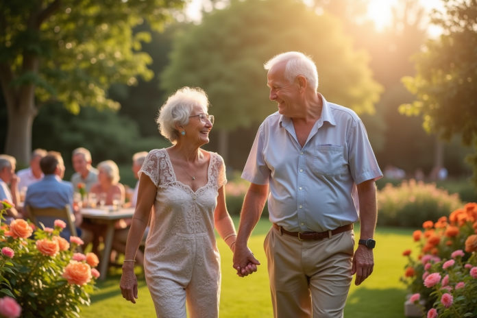 Couple âgé riant lors d'une fête dans un jardin