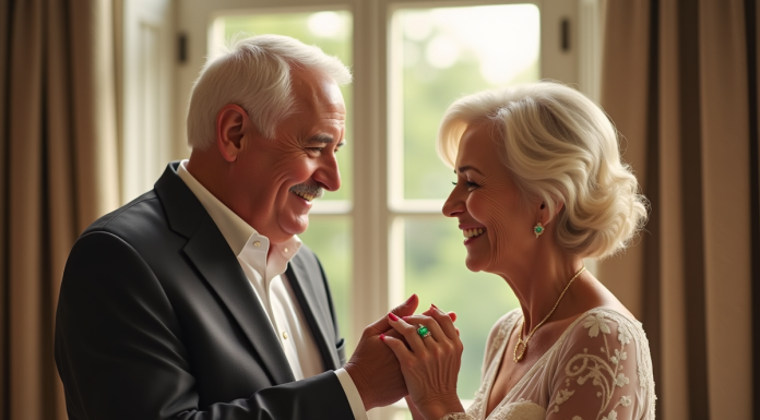 Couple senior échangeant des bagues d’émeraude lors d’un anniversaire