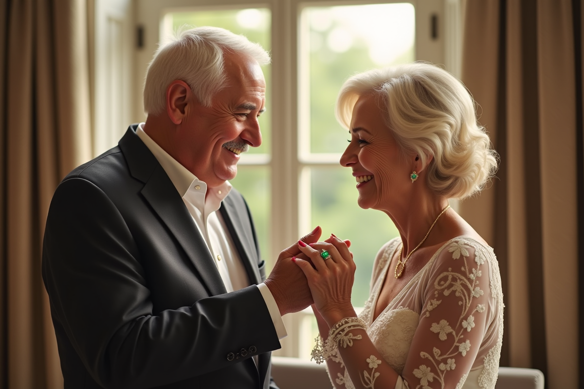 Couple senior échangeant des bagues d’émeraude lors d’un anniversaire