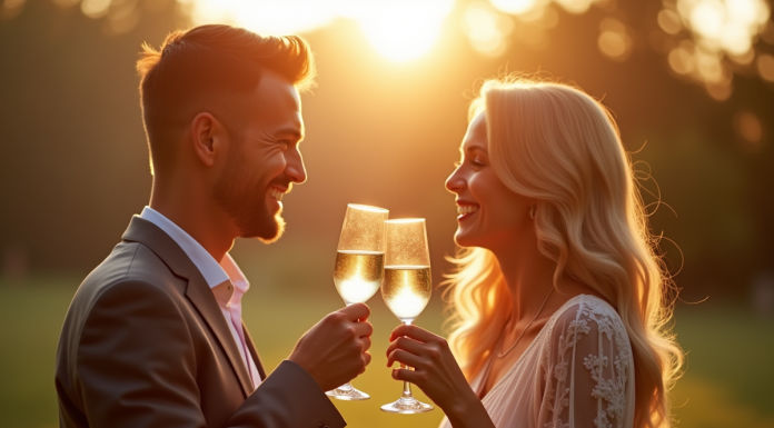 Couple heureux célébrant leur 16e anniversaire de mariage en plein air