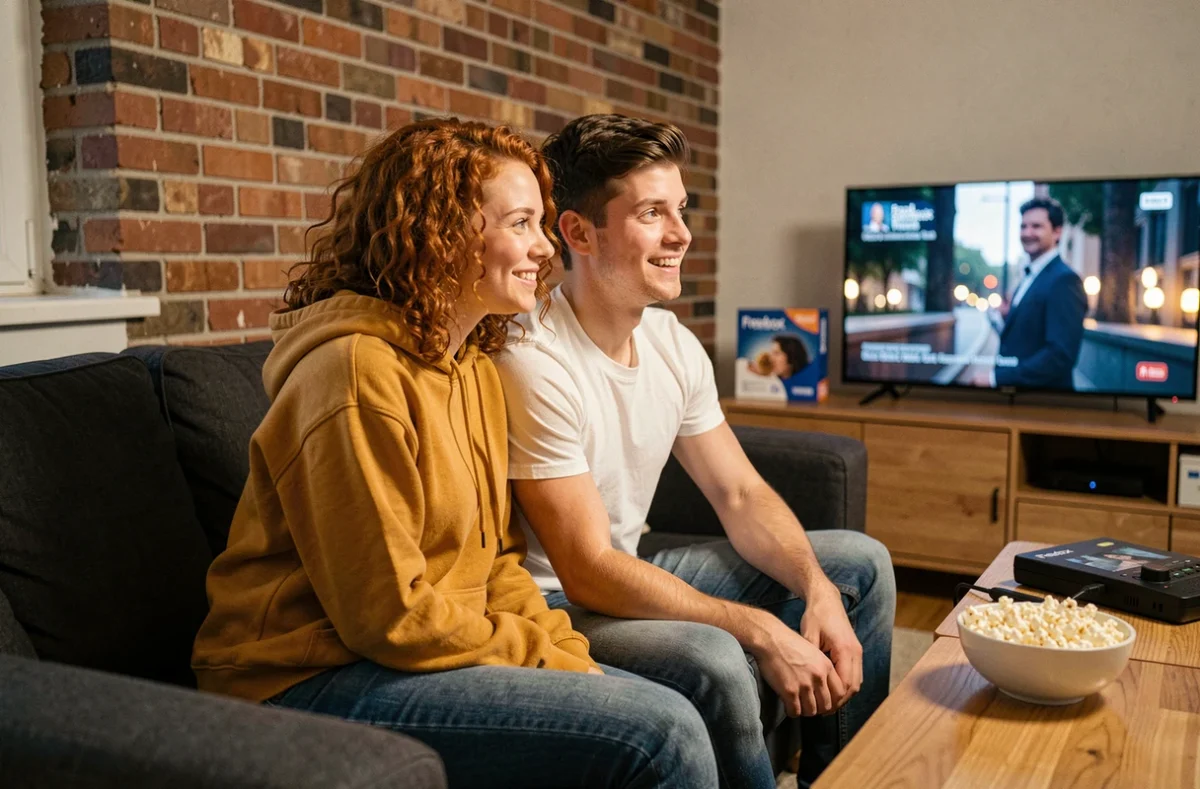 Couple de jeunes adultes regardant ensemble des chaînes gratuites sur la Freebox Pop dans un appartement urbain