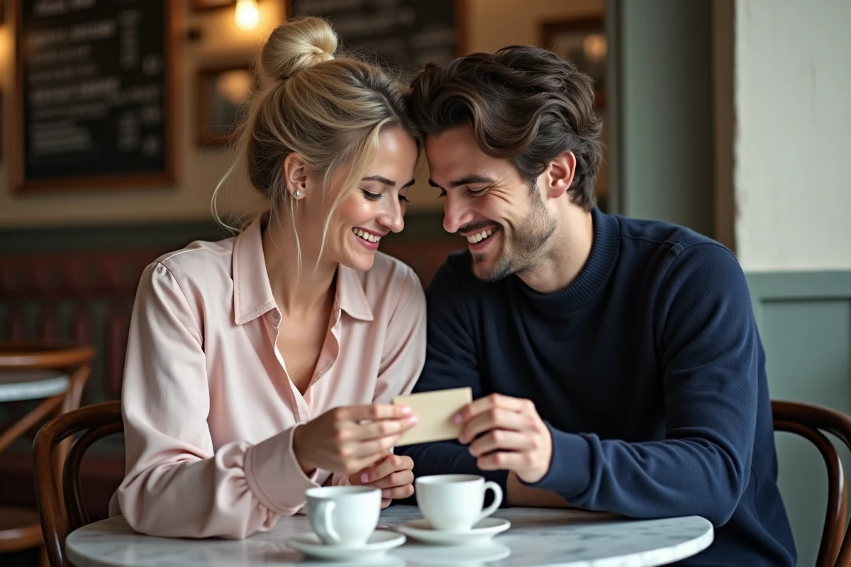 Couple échangeant un petit mot de Saint-Valentin dans un café parisien avec des tasses à espresso