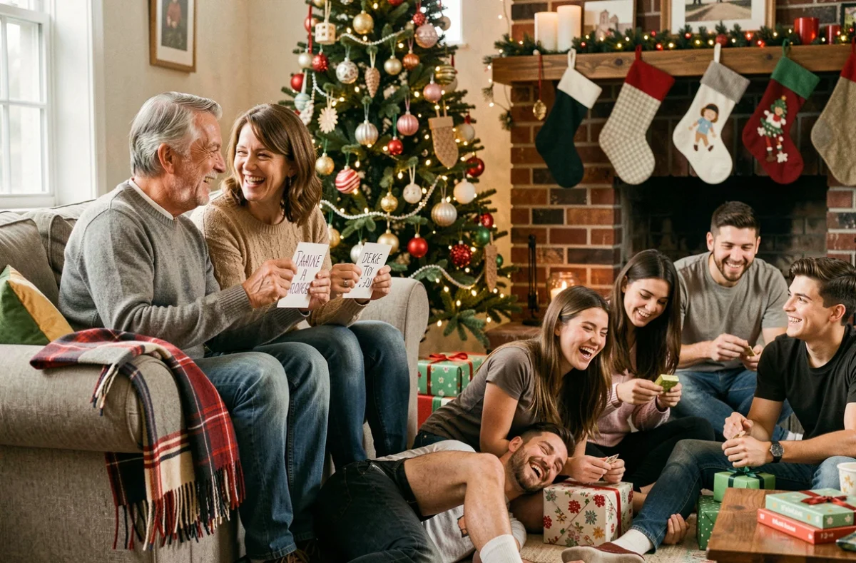 Couple adulte dans une famille recomposée tenant des cartes humoristiques de Noël, entouré de jeunes qui déballent des cadeaux dans un salon festif