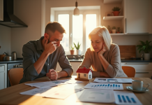 Couple inquiet à la maison avec documents financiers