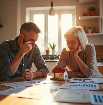 Risques d’hypothéquer sa maison : conséquences à connaître Couple inquiet à la maison avec documents financiers